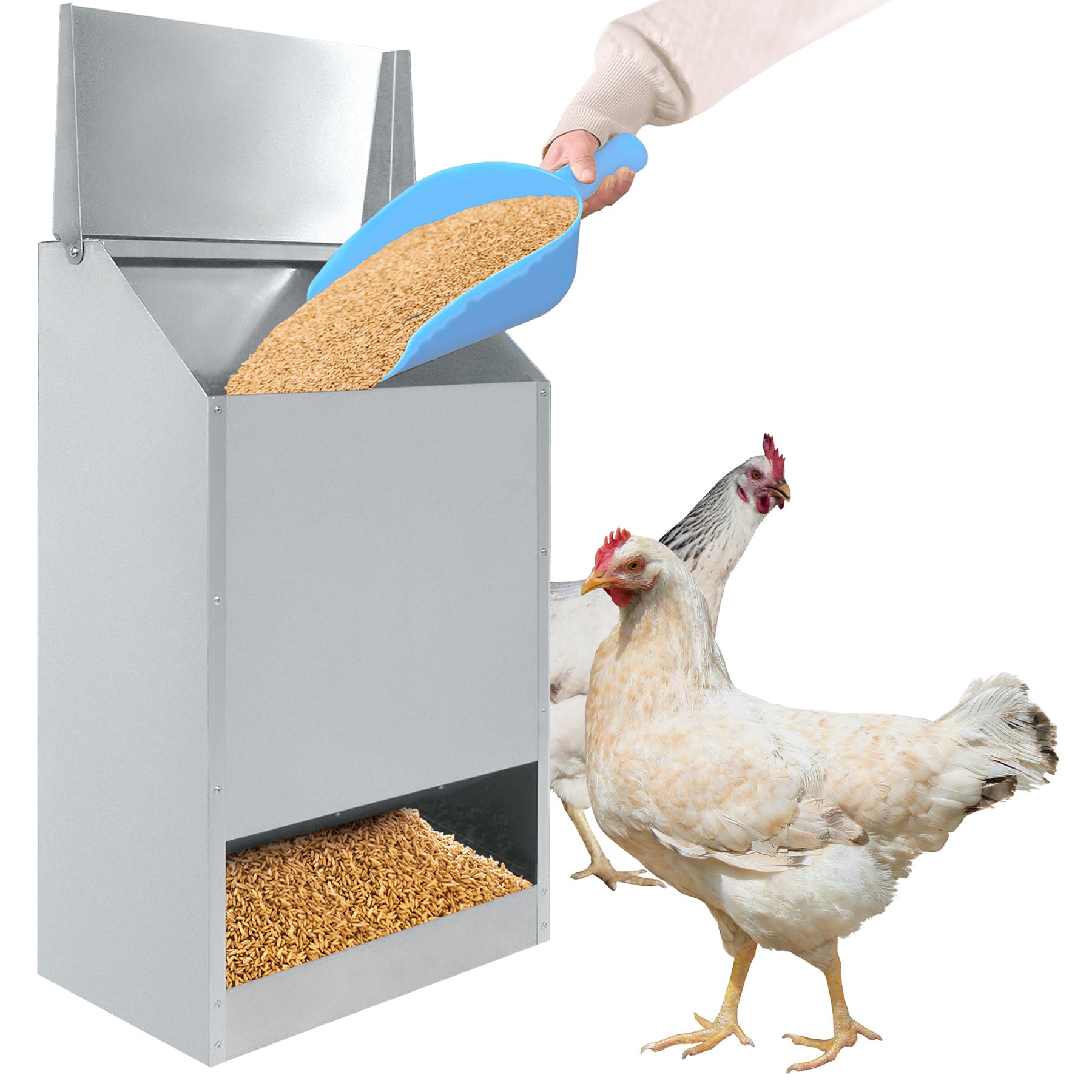 ORHEYA 22,5 kg Alimentador automático para gallinas galvanizado, comedero automático para aves de corral, soporte de pared con tapa, resistente al agua y a prueba de ratas, comedero automático para