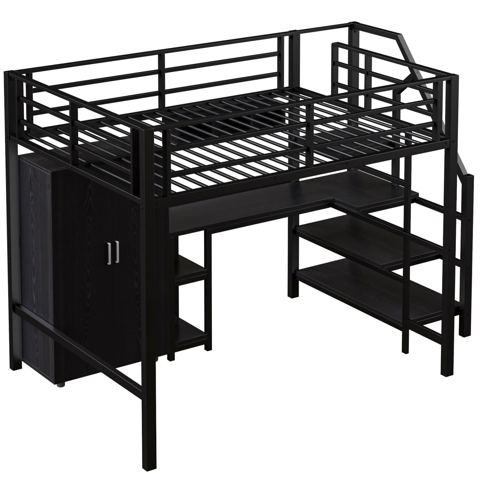 KOMHTOM 140x200cm Multifonctionnel Lit Superposé avec Armoire et étagère, Lit Surélevé avec échelle de Rangement et Bureau(sans Matelas) (Noir)