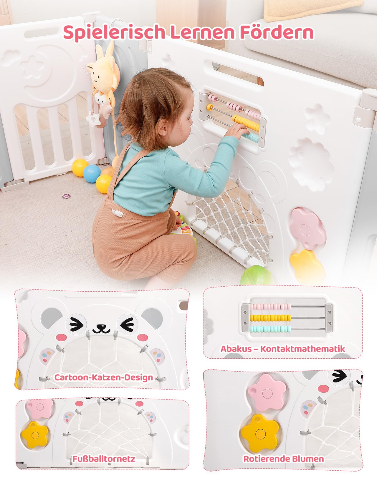 Dripex Laufstall Baby Faltbar, for Baby & Toddlers Kleinkinderzimmer, Möbel | Großes Laufgitter Baby mit verstellbarer Form,Erweiterbar mit Tür und Spielbrett für Innen/Außen,14 Panels/150x150cm/GrauWeiß