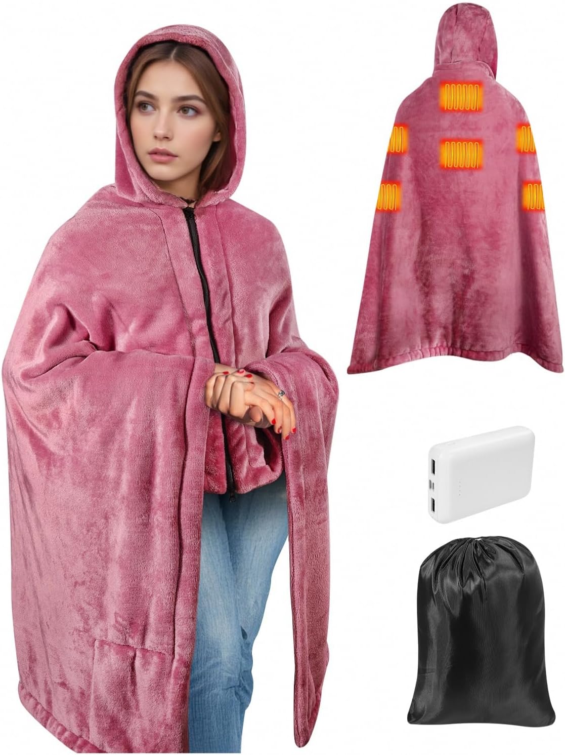 Electric Heated Blanket Cordless with Hood, Rechargeable Shoulder Heater Shawl with USB Battery Power Bank, 3 Heating Level Heated Throw, Portable Cozy Flannel Blanket for Mom/Dad (Purple)