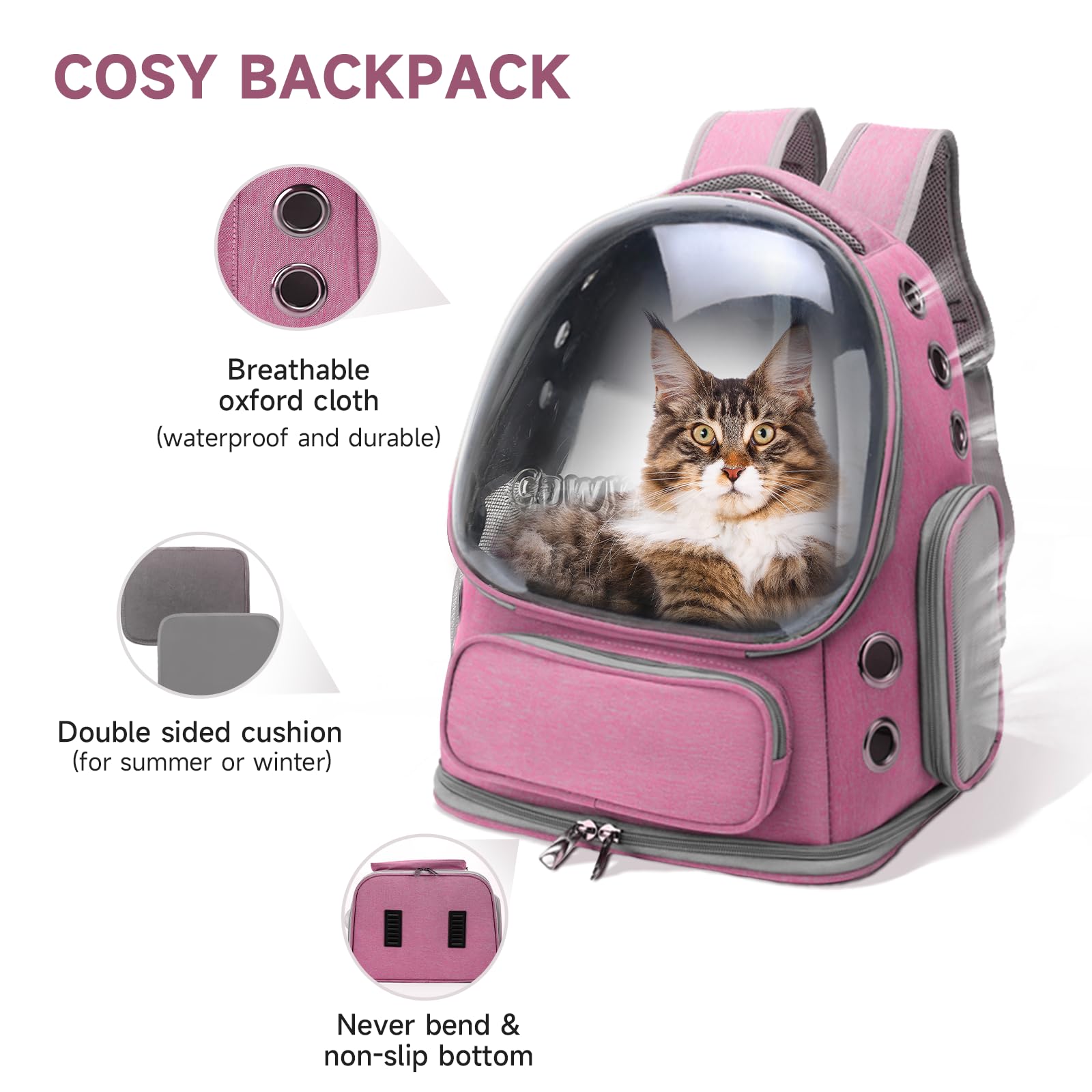 Cawypety Mochila transportadora para gatos, transpirable, con burbujas de espacio grande, para gatitos, perros pequeños de hasta 15 libras, transparente y plegable para viajes, senderismo (rosa)