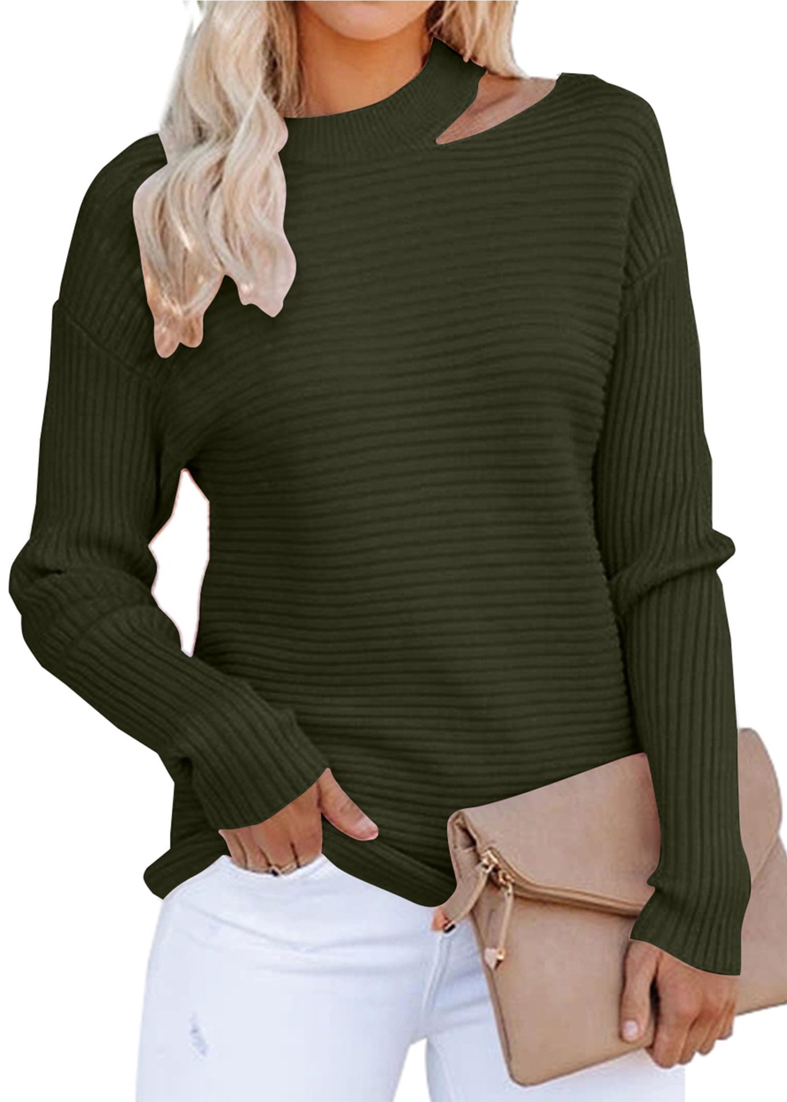 Photo 1 of KIRUNDO Women's 2024 Fall Winter Sweaters Halter Neck Off Shoulder Long Sleeve Knit Sweater Solid Loose Pullover Tops Small Army Green