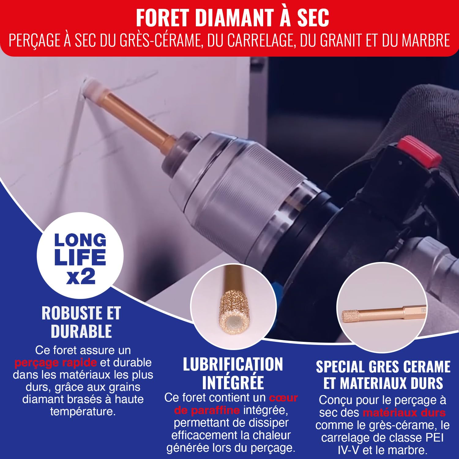 TIVOLY - Foret Diamant 6 mm - Pour Perçage à Sec Céramique, Grès Cérame, Carrelage, Granit, Marbre - Queue Hexagonale à 6 Méplats