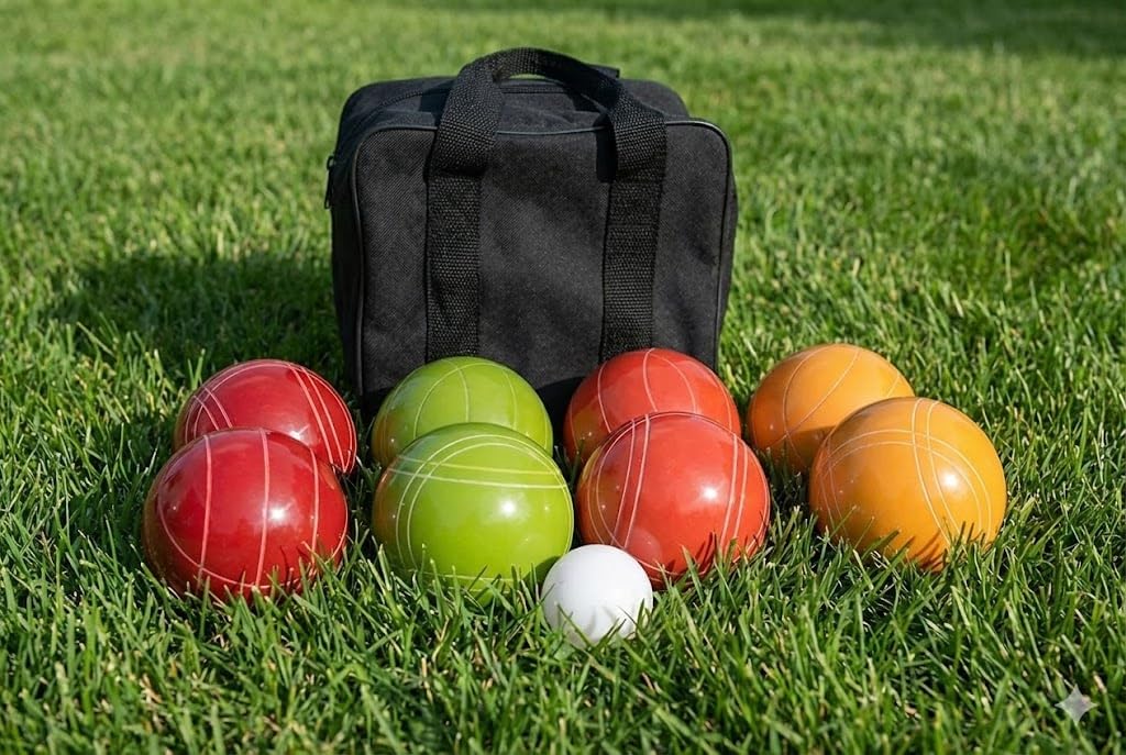 BuyBocceBalls Listing - Made in USA, Premium Quality Tournament Bocce Set - 110mm EPCO Bocce Set, 998 Grams (2 lbs. 3.2 oz.) - Rustic Yellow/Orange/Red/Greenballs and Black Bag