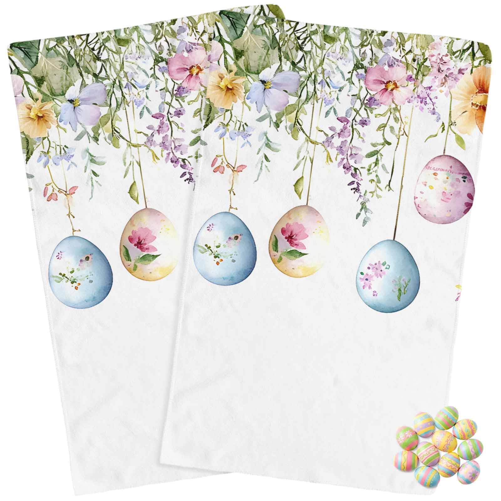 Kitchen Towels Pack of 2 Easter Colorful Eggs Flower Botanical Dish Drying Towels,Soft Absorbent Microfiber Cleaning Cloths Hanging Green Leaves Quick Drying Hand Towels Set,18×28 inches