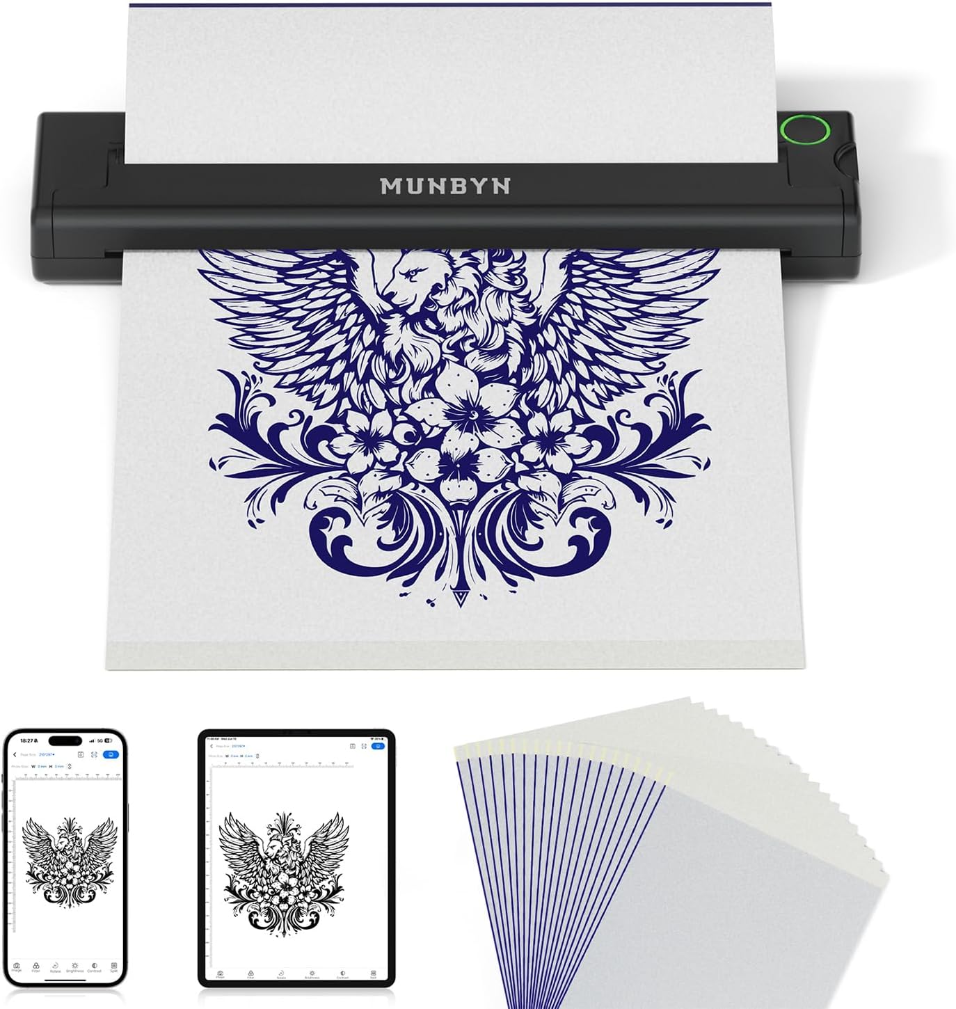 MUNBYN Tattoo Stencil Printer ITP05, Wireless Thermal Tattoo Printer with 20 Transfer Papers, Compatible with Android and iOS Phone/Tablet & PC, Tattoo Printers for Tattoo Artists & Beginners (Black)