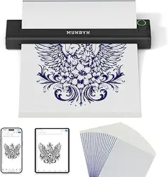 MUNBYN Impressora de estêncil de tatuagem ITP05, impressora de tatuagem térmica sem fio com 20 papéis de transferência, compatível com telefone/tablet e PC Android e iOS, impressoras de tatuagem para