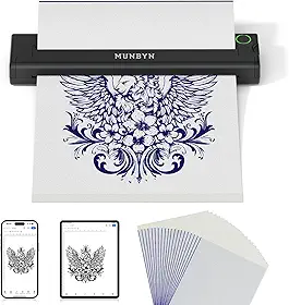 MUNBYN Impressora de estêncil de tatuagem ITP05, impressora de tatuagem térmica sem fio com 20 papéis de transferência, compatível com telefone/tablet e PC Android e iOS, impressoras de tatuagem para
