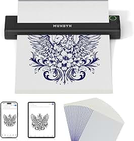 MUNBYN Impressora de estêncil de tatuagem ITP05, impressora de tatuagem térmica sem fio com 20 papéis de transferência, compatível com telefone/tablet e PC Android e iOS, impressoras de tatuagem para