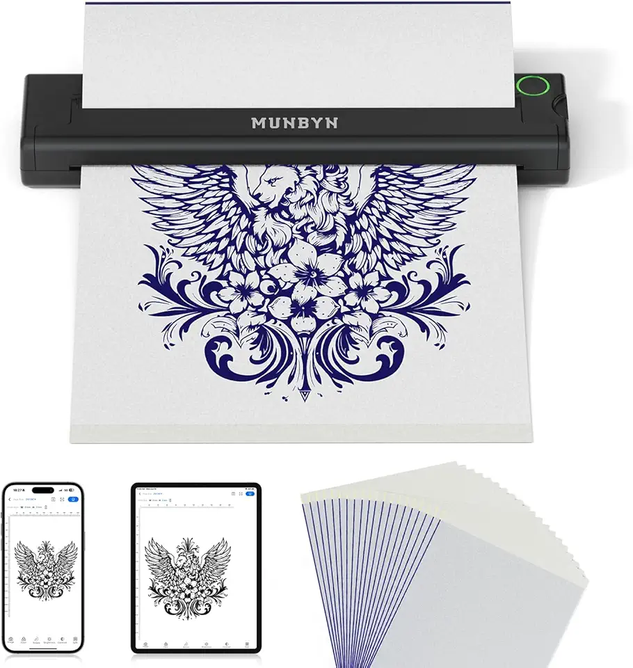 MUNBYN Impressora de estêncil de tatuagem ITP05, impressora de tatuagem térmica sem fio com 20 papéis de transferência, compatível com telefone/tablet e PC Android e iOS, impressoras de tatuagem para
