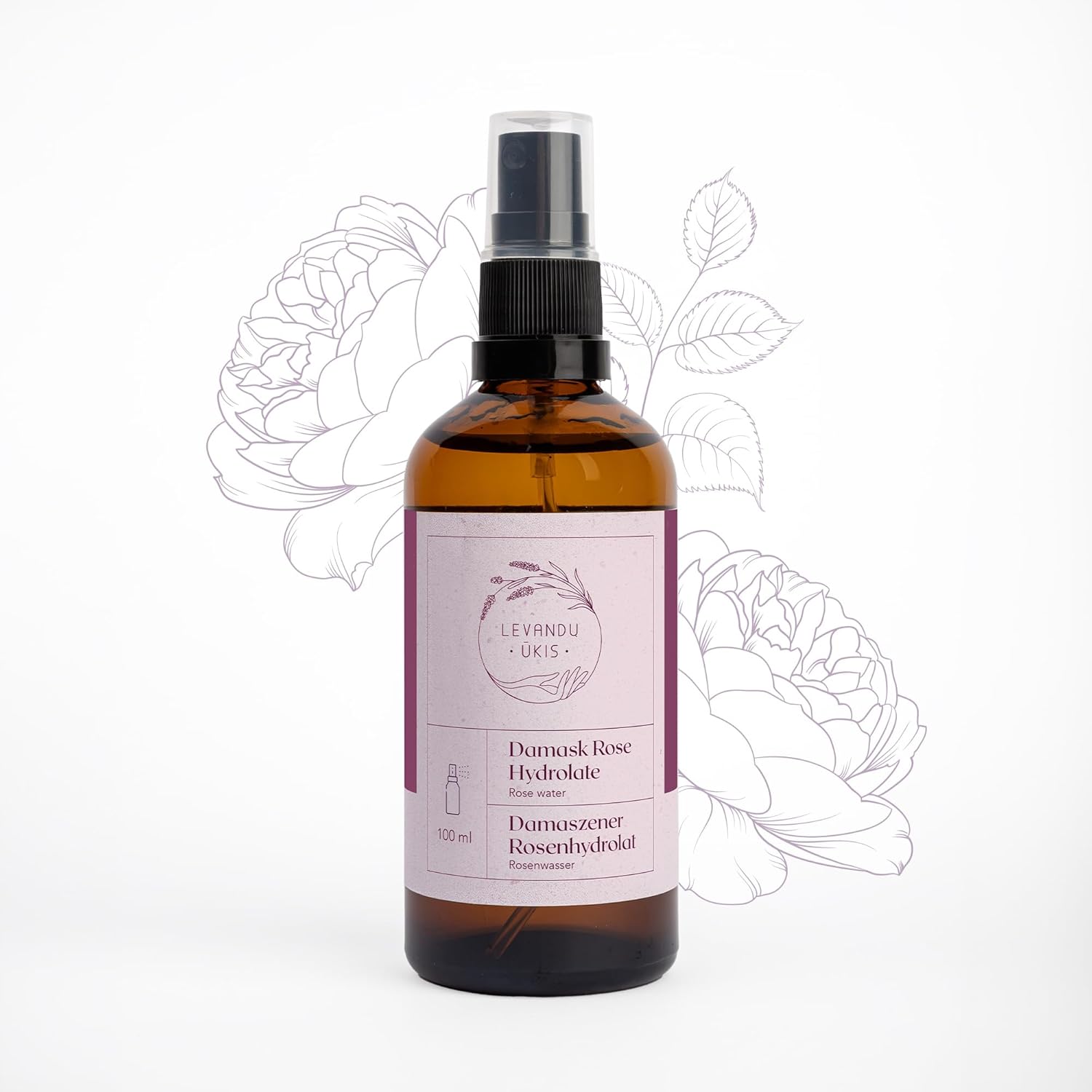 Bio Rozenwater, Damascus-rozenhydrolaat, 100% natuurlijk plantaardig water, verzorgingsspray voor gezicht, huid en haar, rozenhydrolaat als gezichts- en scheerwater, 100 ml – Levandu Ukis