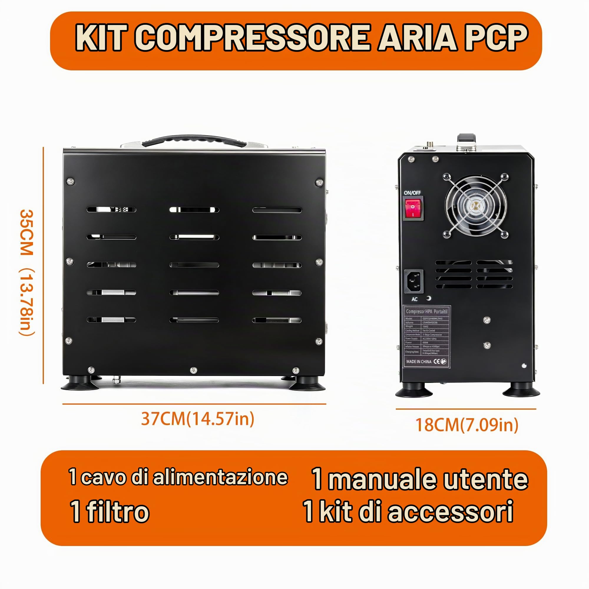 TUXING Compressore d'aria PCP, compressore ad aria compressa a doppio cilindro PCP da 800 W, 4500 PSI con arresto automatico integrato con ventola di raffreddamento per serbatoio ARA/fucile Pcp