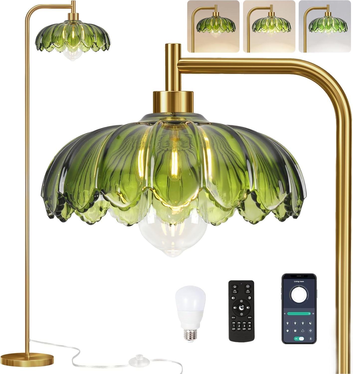 Gold Glass Floor Lamp Dimmable,Brass Tall Lamp Mid Century Modern Standing Lamp with Remote Retro Vintage Green Floor Light Lamp Boho Bohemian Bedroom for Living Room