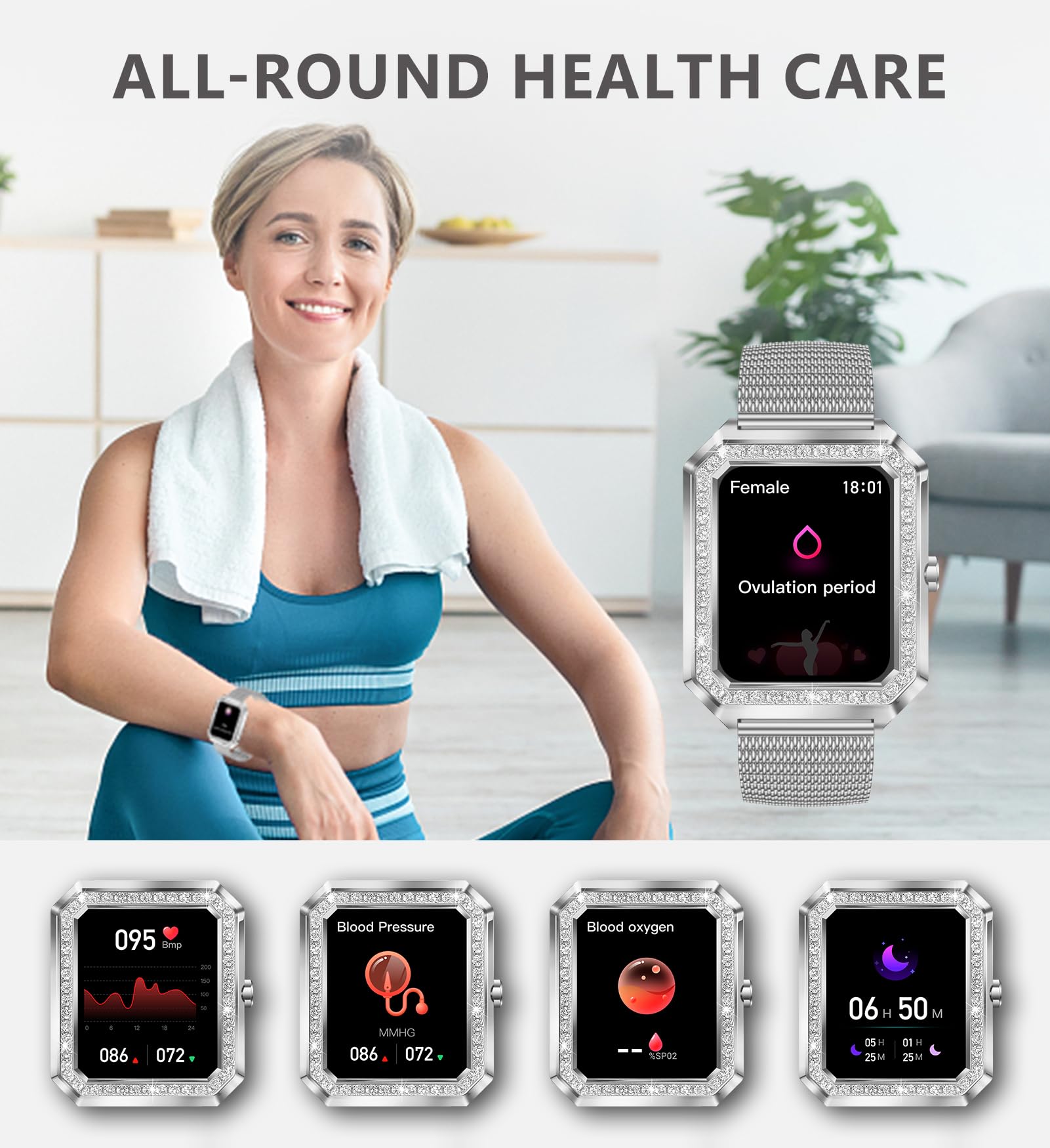 Iaret Reloj Inteligente Mujer con Llamada,1.59" Impermeable Diamante Smartwatch con Seguimiento Menstrual Pulsómetro SpO2 Monitor Sueño Presión Arterial Reloj Podómetro para Android iOS, Regalo Mujer