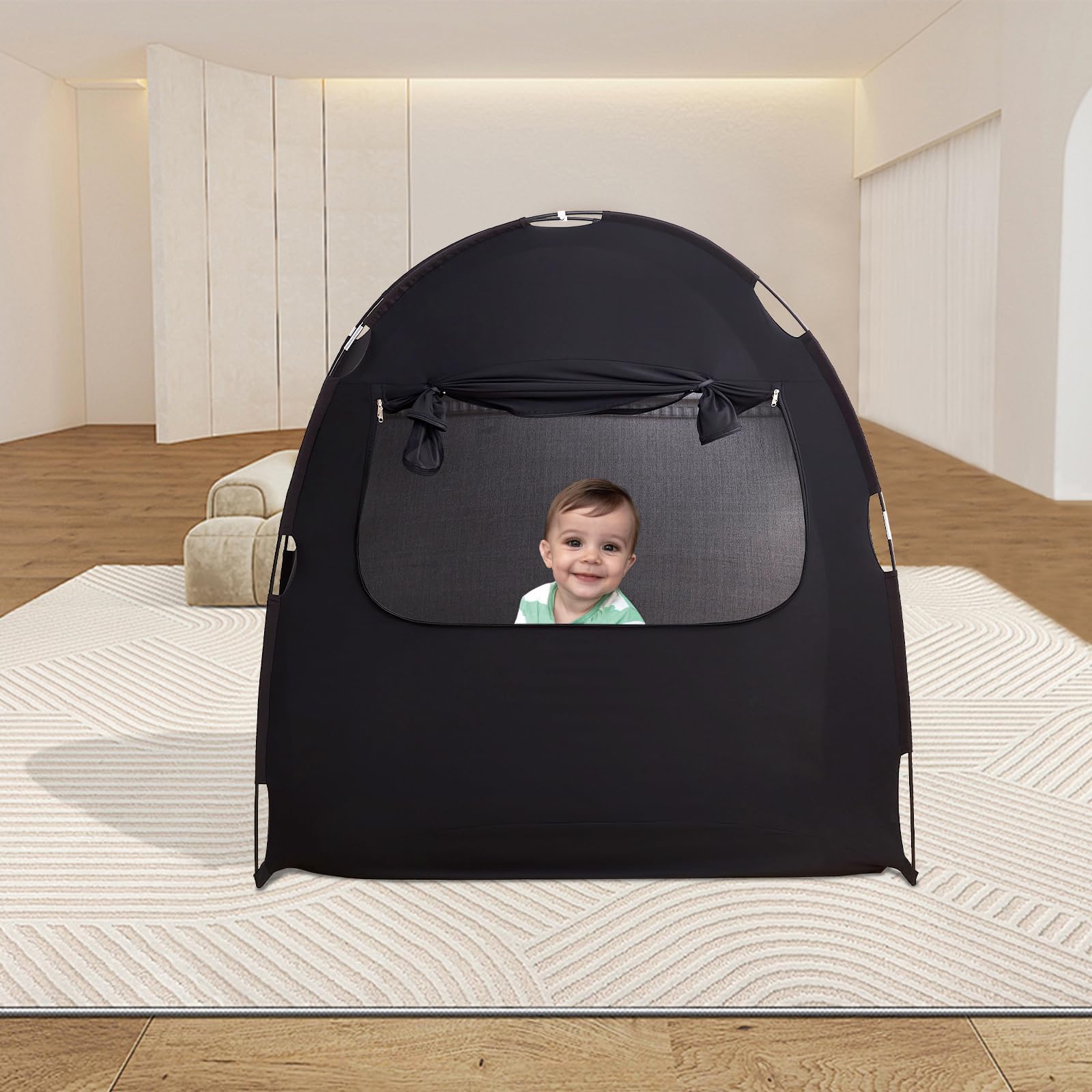 MengersiBlackout Tent for Pack and Play, Crib Blackout Cover Baby Sleep Pod Sleep Tent Travel Crib Cover,Blackout Canopy Crib Cover, Block 95% Light (Black)