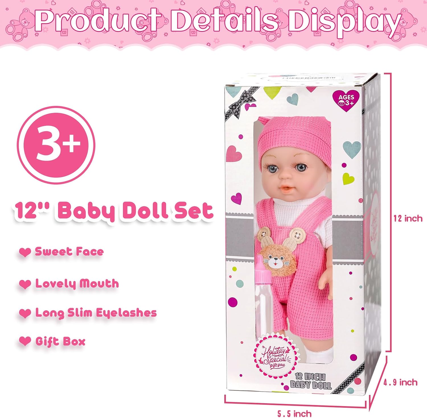 12" Baby Doll With Bear Pattern Backpack Carrier In Gift Box,12 Inch Realistic Baby Dolls With Clothes And Accessories Hanky Pacifier Bottle Pretend Baby Care Toy Collection For Child Toddler 3+ Gifts