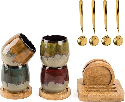 Taza de café espresso de cerámica pintada a mano con soporte de bandeja de bambú y cucharas, juego de 4, juego de té Kung Fu de 2.7 onzas, taza