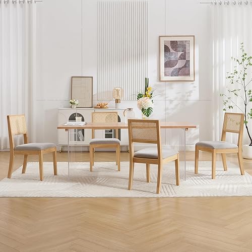 Miniatura 6 de Juego de 2 sillas de comedor de ratán, sillas de comedor de cocina con respaldo de bastón, silla tapizada de ratán moderna de mediados de siglo,