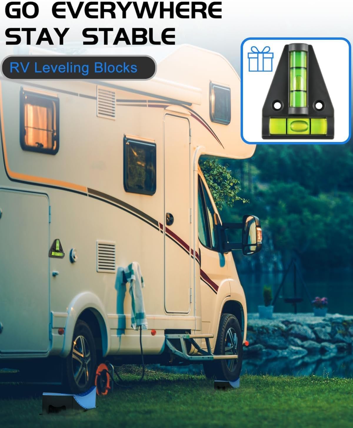 Universal Model RV Leveling Ramp Kit, 2-Pack Travel Trailer Camping Leveling System With 2 Chocks, 2 Non-Slip Pads, 1 * Bubble And Portable Stor