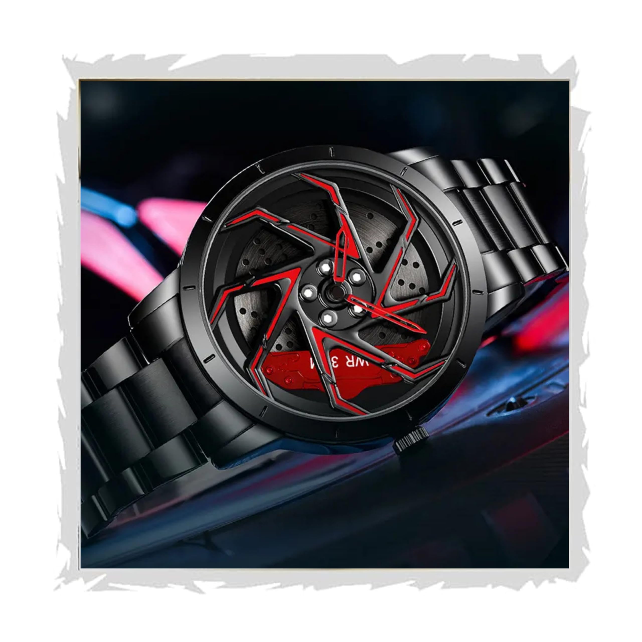 Men Black Analogue Waterproof Luxury Watches Sports Car Rim Hub Wheel Black Dial Wrist Watch Quartz Men's Metal Watches Creative Watch-image-34