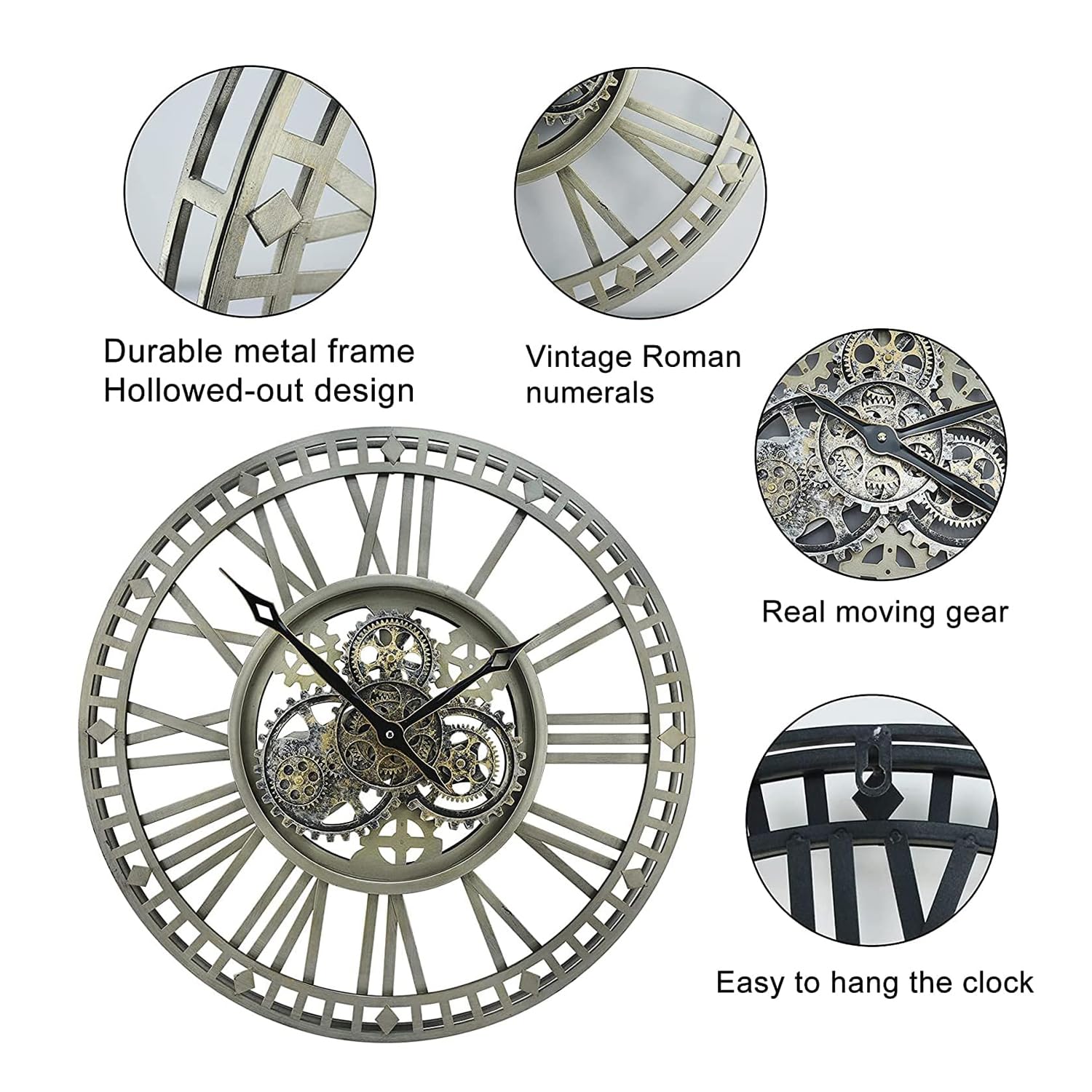 Wanduhr Zahnrad Beweglich, Steampunk Wanduhr XXL, Wall Clock Römische Zahlen Antike Metall Uhr, Retro Industrielle Dekorative für Küche Wohnzimmer Bar Büro, 60cm