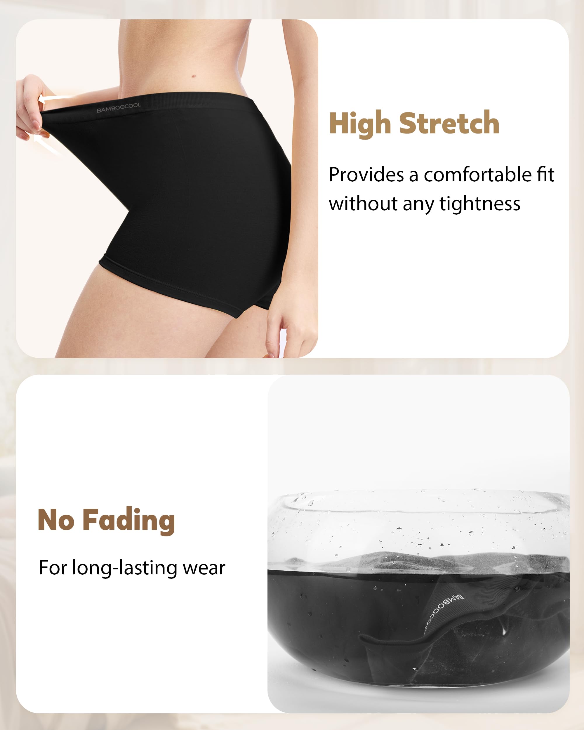 BAMBOO COOL Calzoncillos tipo bóxer para mujer, sin costuras, cintura media, elásticos, absorben la humedad, paquete de 5