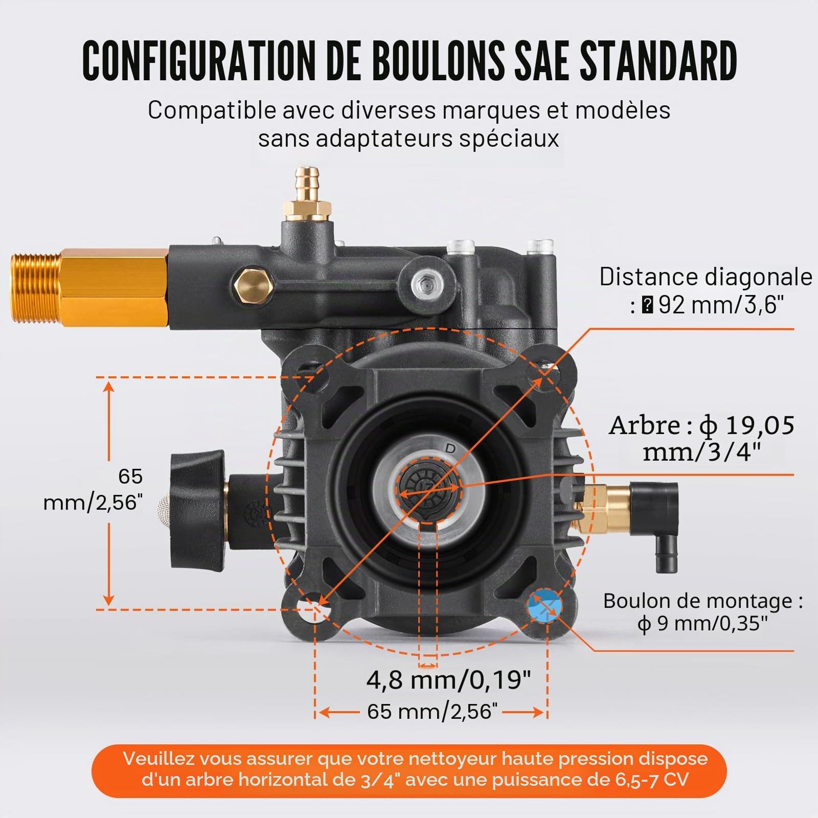 VEVOR Pompe de nettoyeur haute pression, arbre horizontal de 19,05 mm, 3500 PSI, 2,5 GPM, kit de pompe de remplacement avec 5 buses, quincaillerie, tube siphon, pour Simpson, Honda, Troy-Bilt, Generac