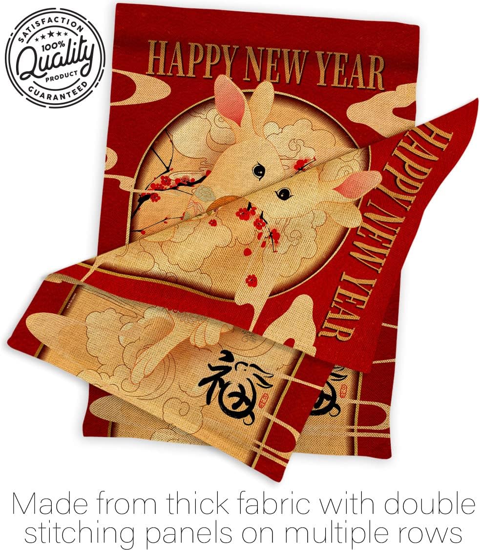 Lunar New Year of Rabbit Wall Tapestry Home Decor Burlap Banner Patio Porch Lawn Garden Flag Pole Room Decorations Indoor Outdoor Yard Sign Spring Gifts Prosperous Chinese Decoration Made in USA