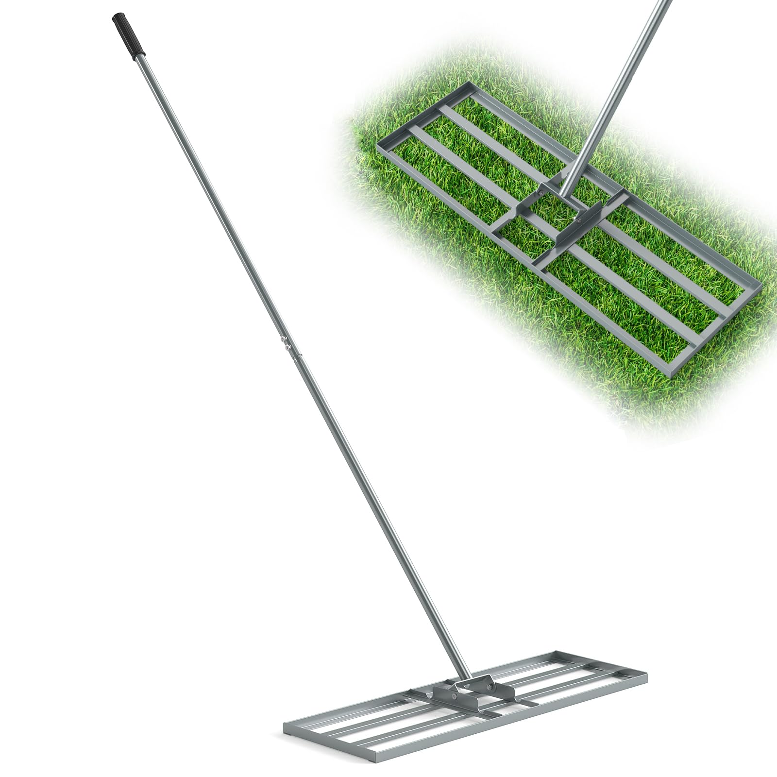 , wyrównywacz trawnika 43/75/91/106 x 25 cm z regulacją 90 cm/175 cm, długi uchwyt, oszczędzające wysiłek narzędzie do wyrównywania trawnika, trawy, ogrodu, pola golfowego (srebrny, 43 x 25 c