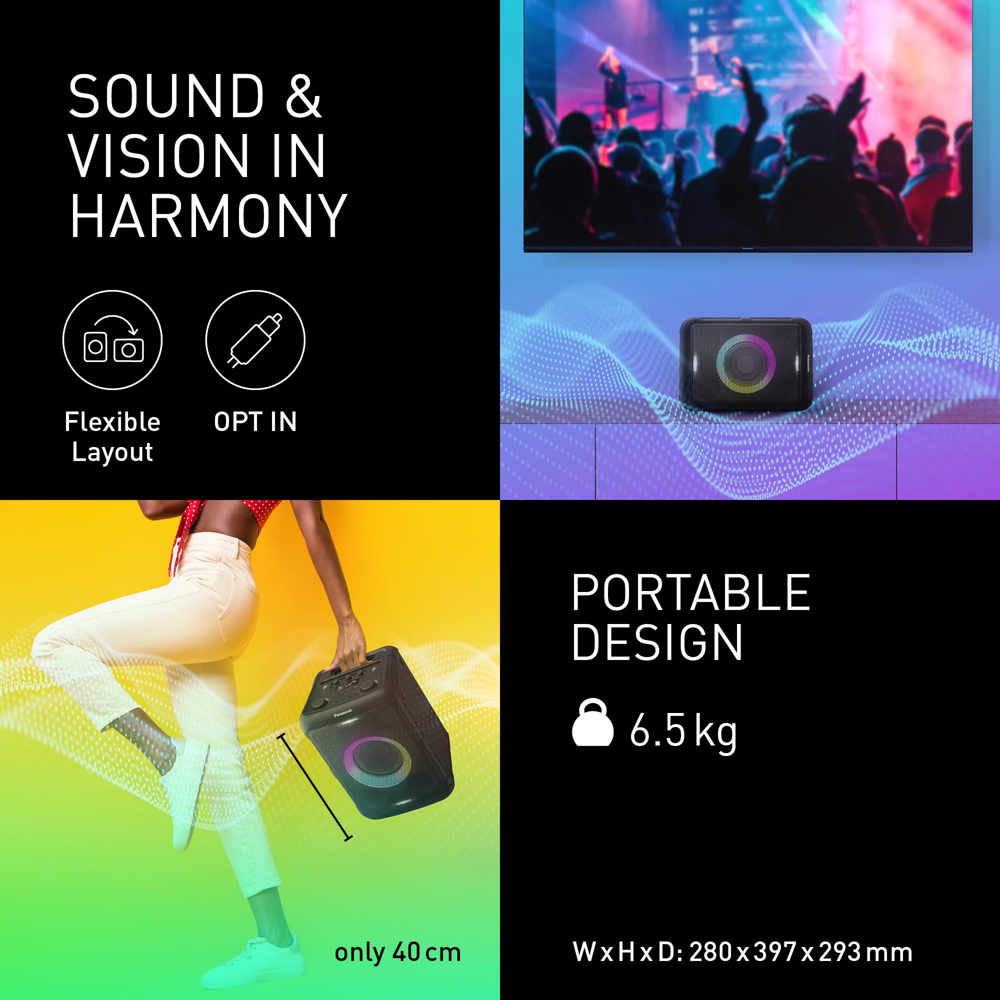 Panasonic SC-BMAX5E-K Enceinte Portable avec Bluetooth, Lumières Intégrées, 75W, USB, Entrée Optique pour TV, Entrées Guitare et Micro pour Karaoké, Noir