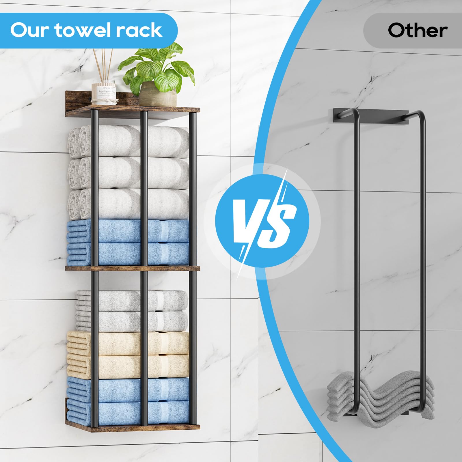 Soporte para Toallas de Pared con Estante de Madera - Organizador de Baño con 3 Barras, Gran Capacidad y Fácil Instalación - Ideal para Toallas Enrolladas - Marrón