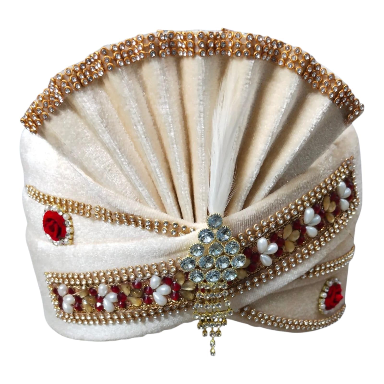 Cream Wedding Groom Pagdi with Pearl & Stone Work | Royal Safa Turban for Marriage, Reception & Sherwani-image-20