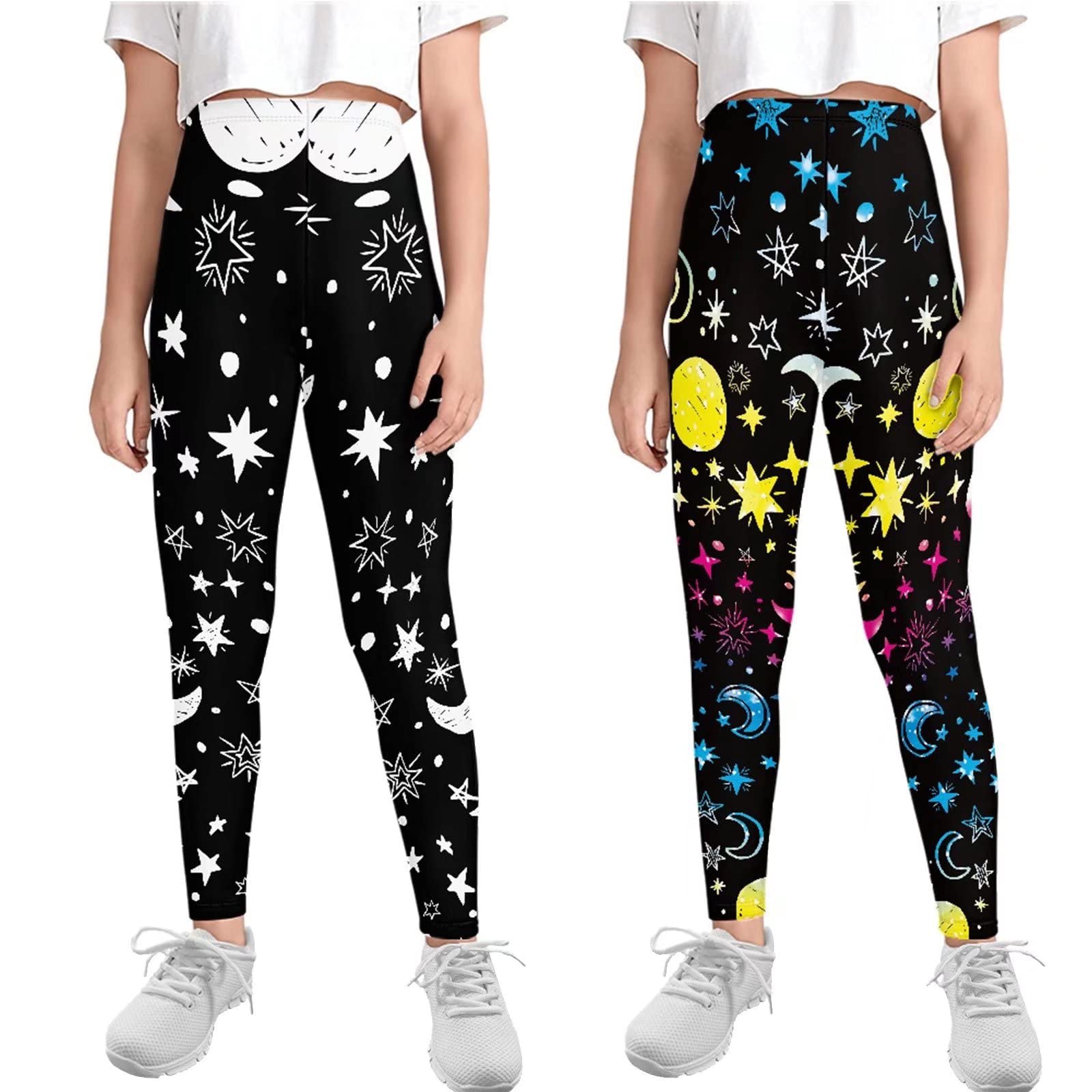 HUIACONG Leggings para niñas de 4 a 13 años para niños pequeños, pantalones activos de yoga, 2 piezas, Moon Star Sun, 4-5 Años