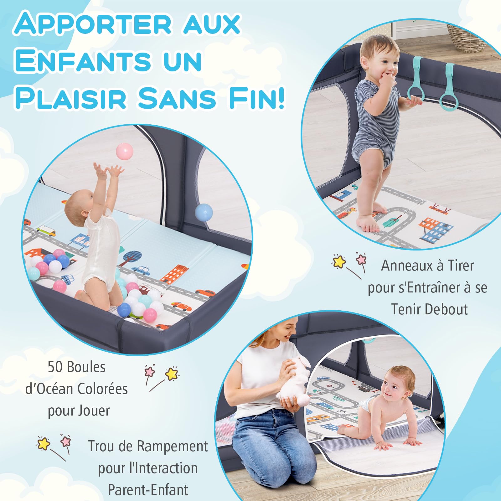 DREAMADE Parc Bébé 189x158CM en Tissu Oxford avec Tapis&Poche,Centre d'Activités Enfant avec 4 Anneaux de Traction&50 Balles&Porte Zippée,Clôture Tout-Petits 0-36Mois avec Sac de Transport(Gris Foncé)
