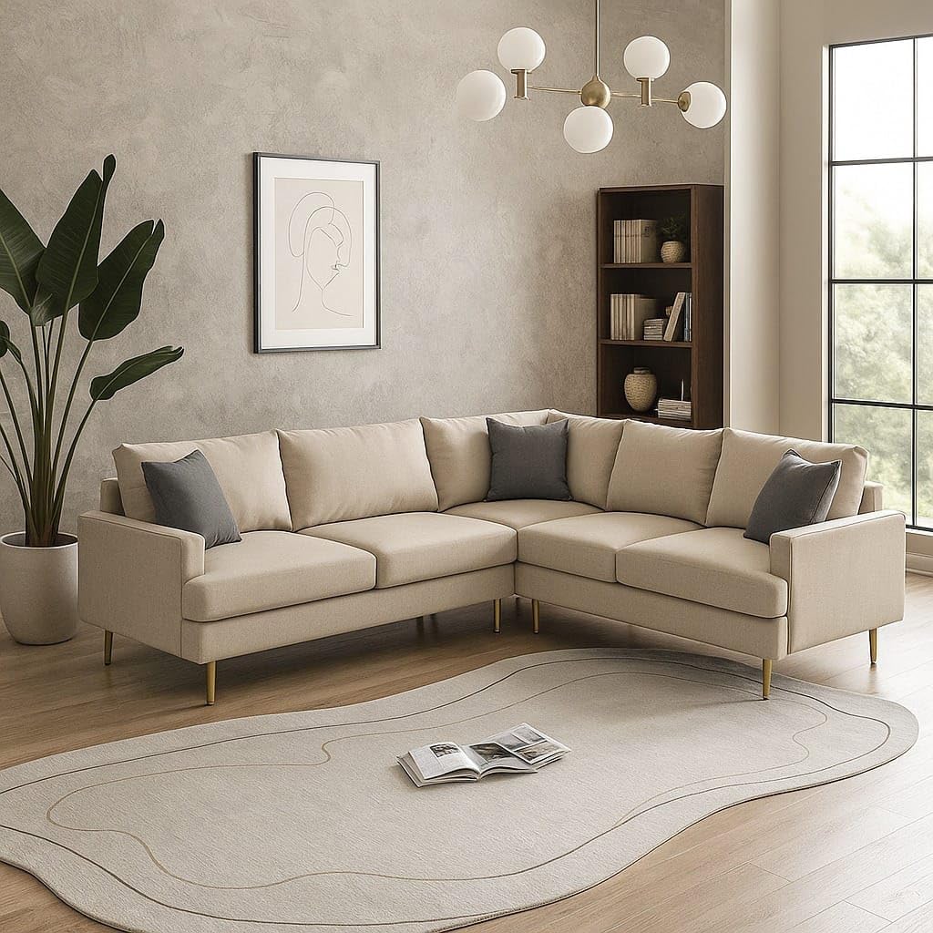 FURNART FURNITURE & INTERIOR Aldo 6 Seater 2+2 Corner Sofa Set for Living Room | Washable Velvet Fabric L-Shaped Sofa with Cushions | Modern Sectional Sofa for Home & Office (Beige)-image-13