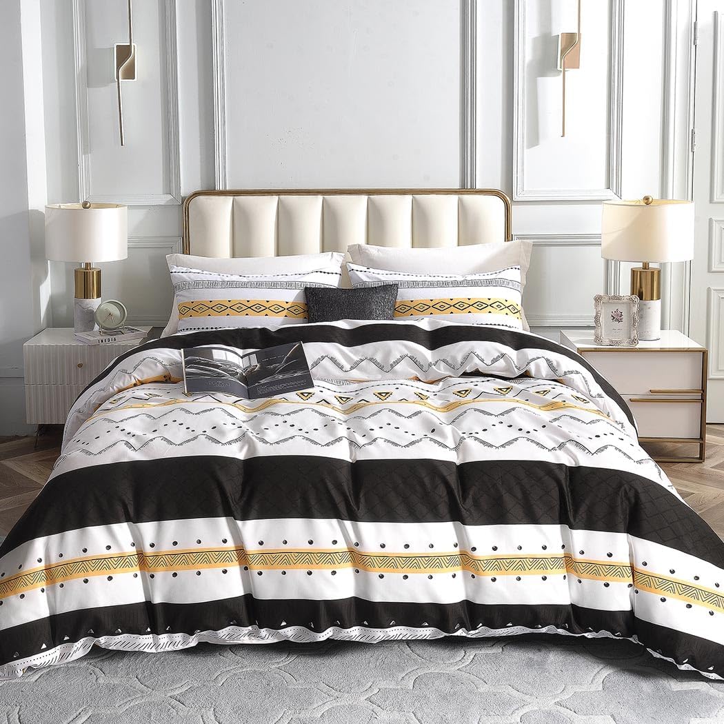 Tokokimo Duvet Cover Set Queen Size, 3 Pc Yellow Soft Boho Aztec Bohemian Bedding Duvet Cover Sets with Zipper Closure Corner Ties
