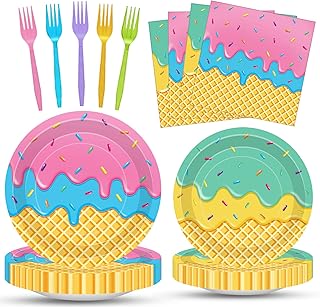 100 Pcs Ice Cream Cone Party Supplies Set, Serves 25 – Disposable Paper Plates, Napkins, and Colorful Forks, Ice Cream Themed Tableware for Kids Birthday, Summer, Sweet Shop, Dessert Party Decorations