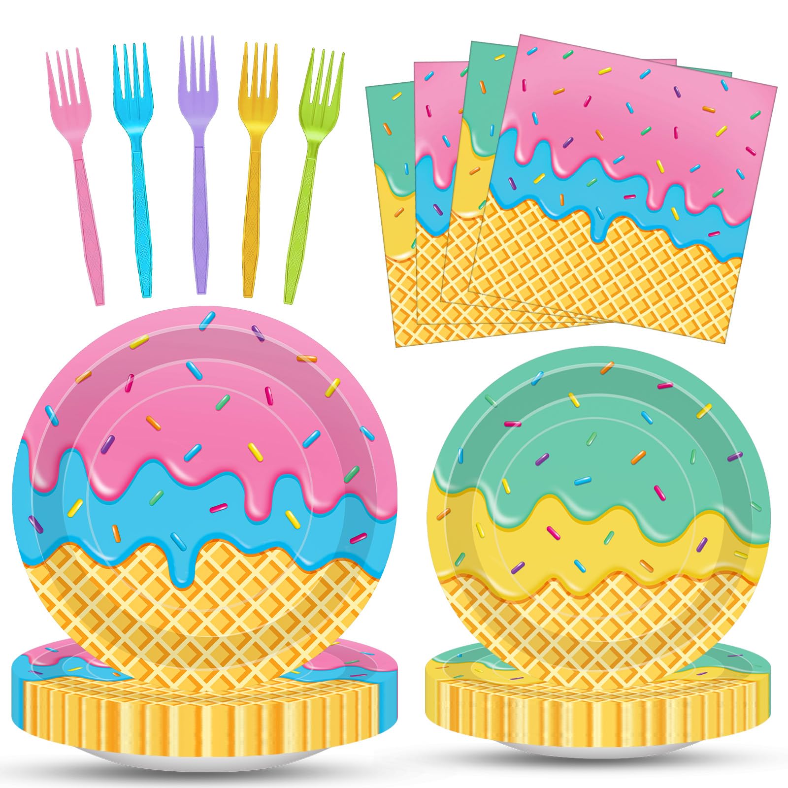 100 Pcs Ice Cream Cone Party Supplies Set, Serves 25 – Disposable Paper Plates, Napkins, and Colorful Forks, Ice Cream Themed Tableware for Kids