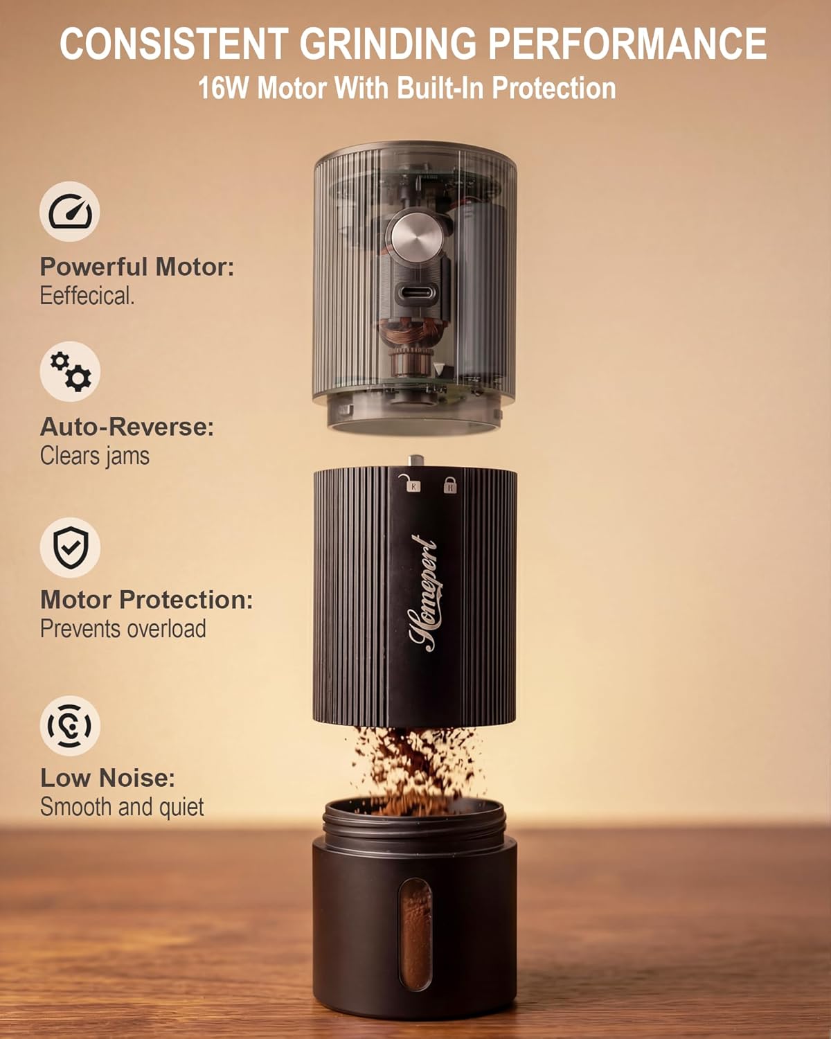 High-Speed Portable Electric Coffee Grinder with 1600mAh Rechargeable Battery, 7-Core Stainless Steel Burr Coffee Mill, 45 Precision Settings, Cordless Design & Compact Aluminum Body for Travel