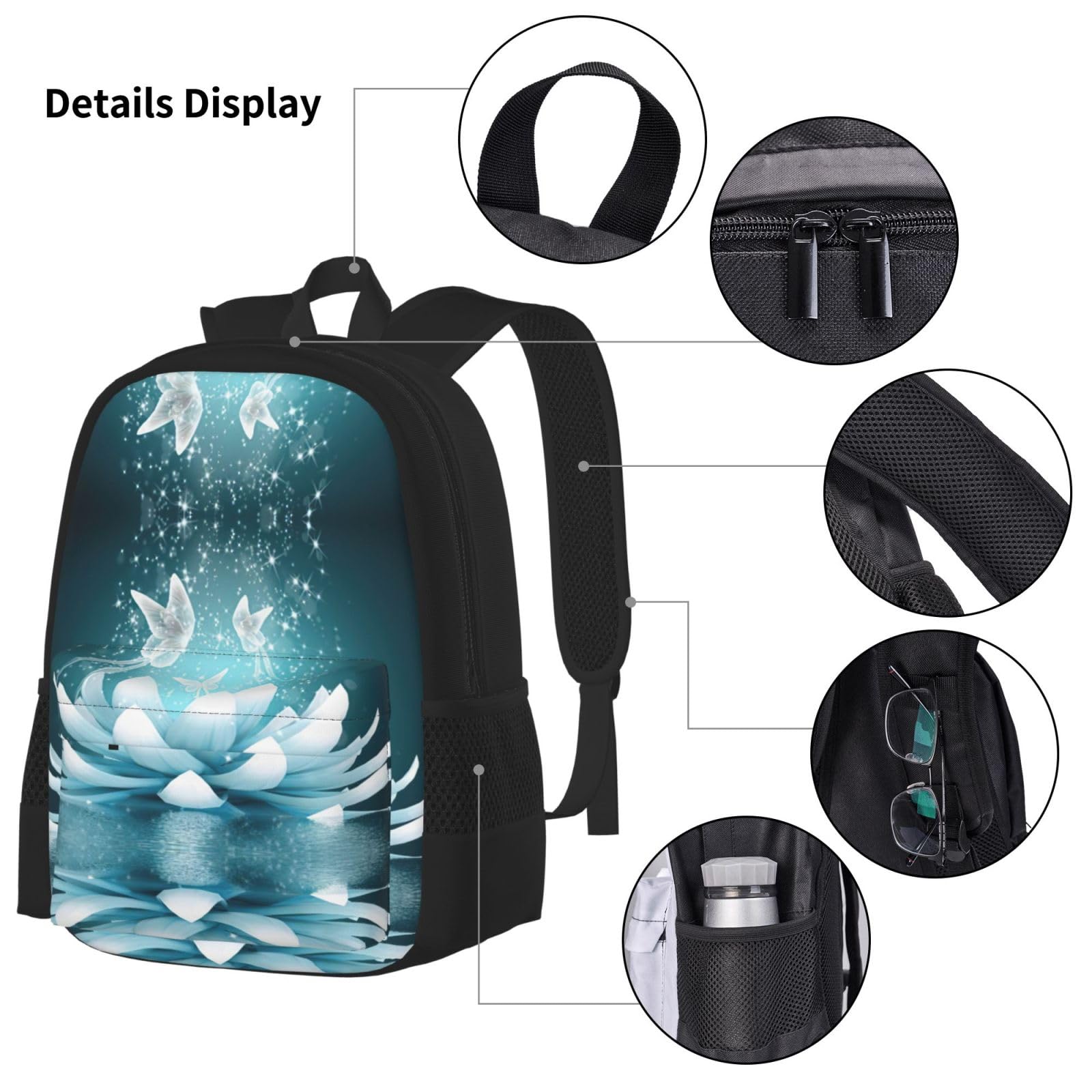 Juego de 3 mochilas escolares con estampado de flores de loto, mochila para laptop resistente al agua de gran capacidad con bolsa de almuerzo aislada y estuche para lápices para adolescentes