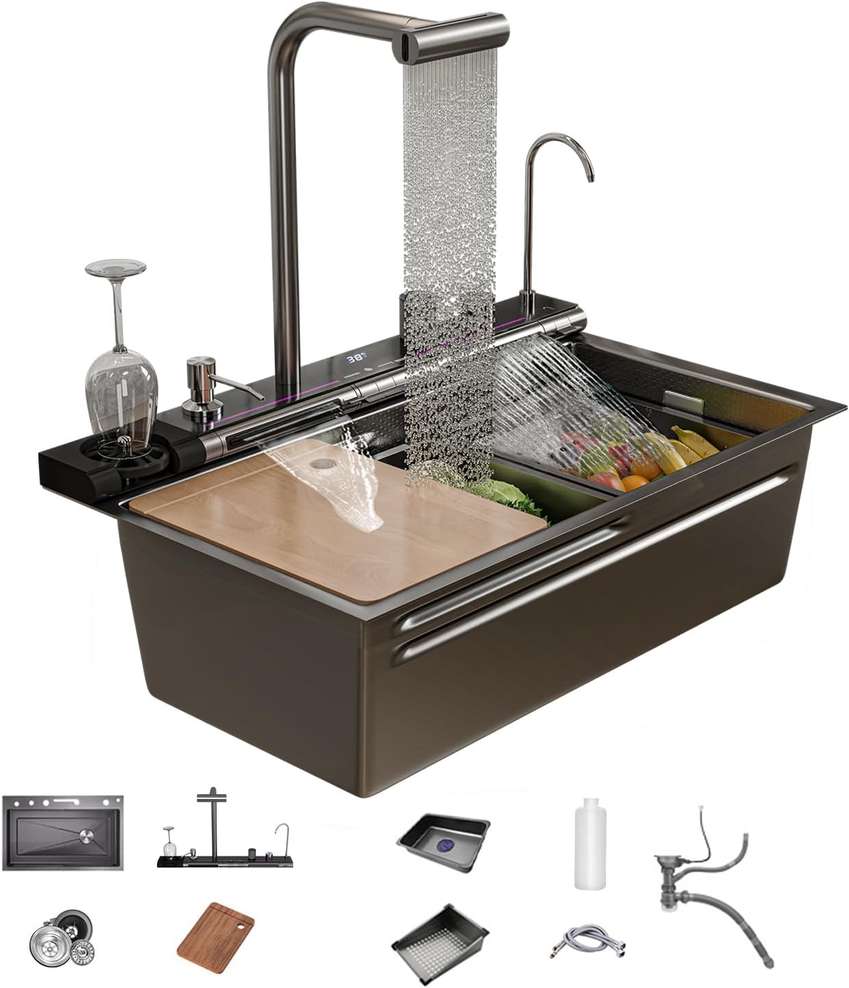 29.5" Waterfall Kitchen Sink Workstation 18G Basin Stainless Steel | Single Bowl Drop-In Sink with Digital Display Faucet, Cup Washer & Cutting Board 3mm Panel