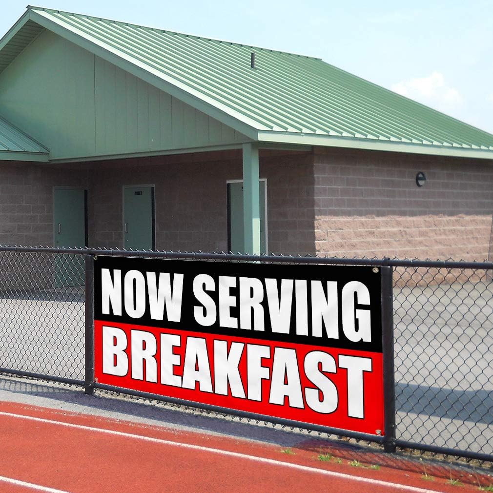 Vinyl Banner Multiple Sizes Now Serving Breakfast Food Fair Promotion Lifestyle Outdoor Weatherproof Industrial Yard Signs Red 4 Grommets 16x40Inches