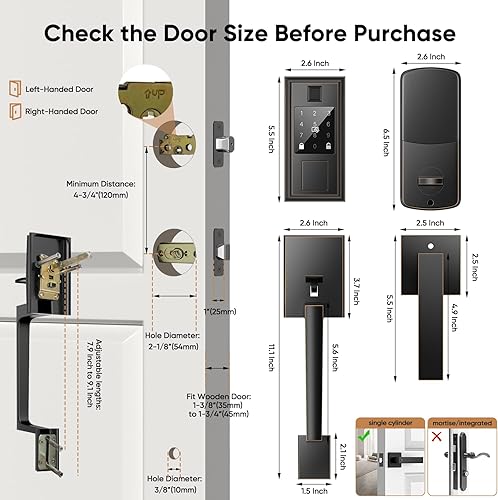 Miniatura 5 de Juego de cerradura inteligente de huellas dactilares y manija de puerta delantera, cerradura de puerta de entrada sin llave con asa, bloqueo