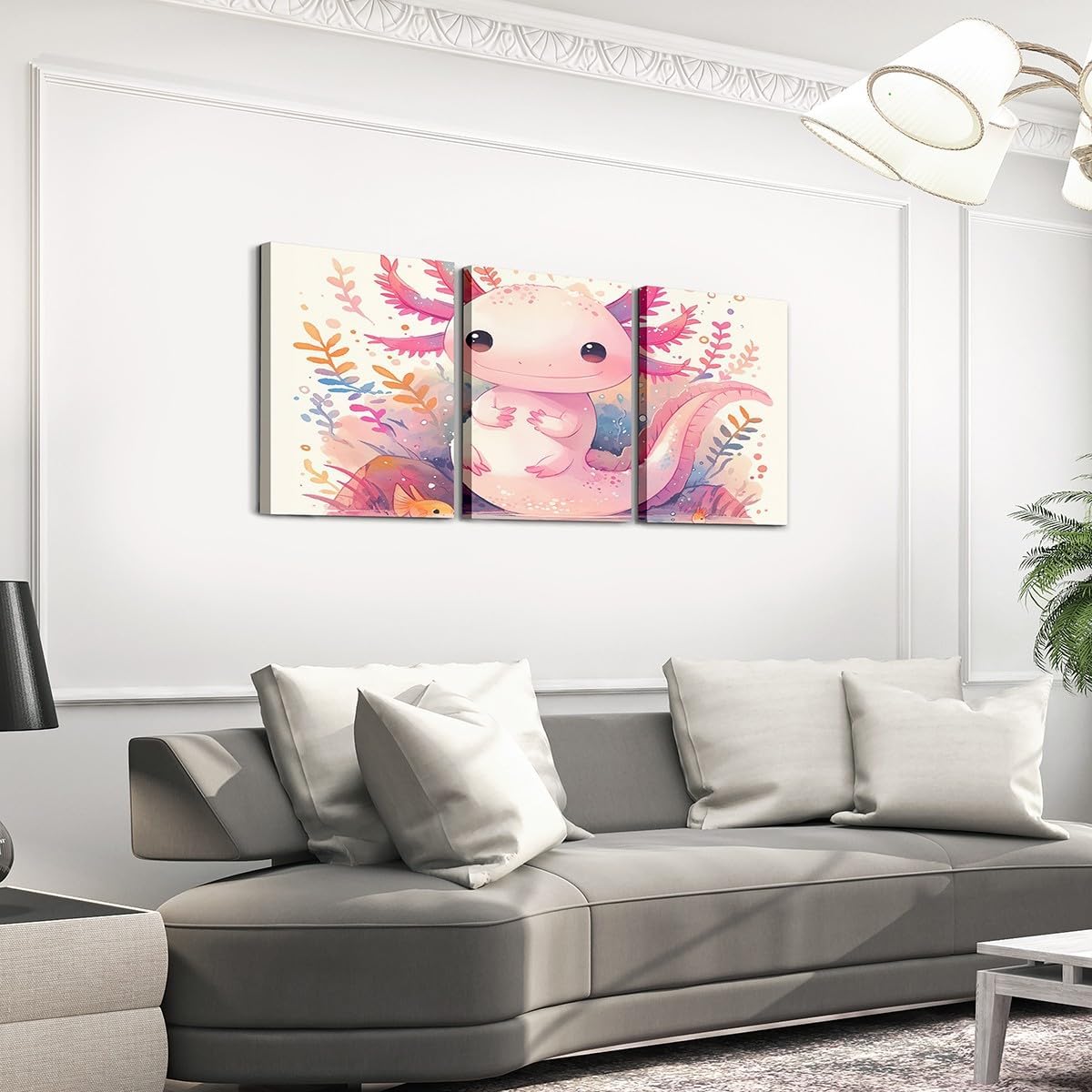 Erosebridal Boys Girls Pink Axolotl Canvas Wall Art for Living Room 12"x16" 3 Pcs,Kawaii Sealife Cartoon Picture Wall Decor Kids Kawaii Animal Poster Print,Ocean Salamander Framed Canvas Prints