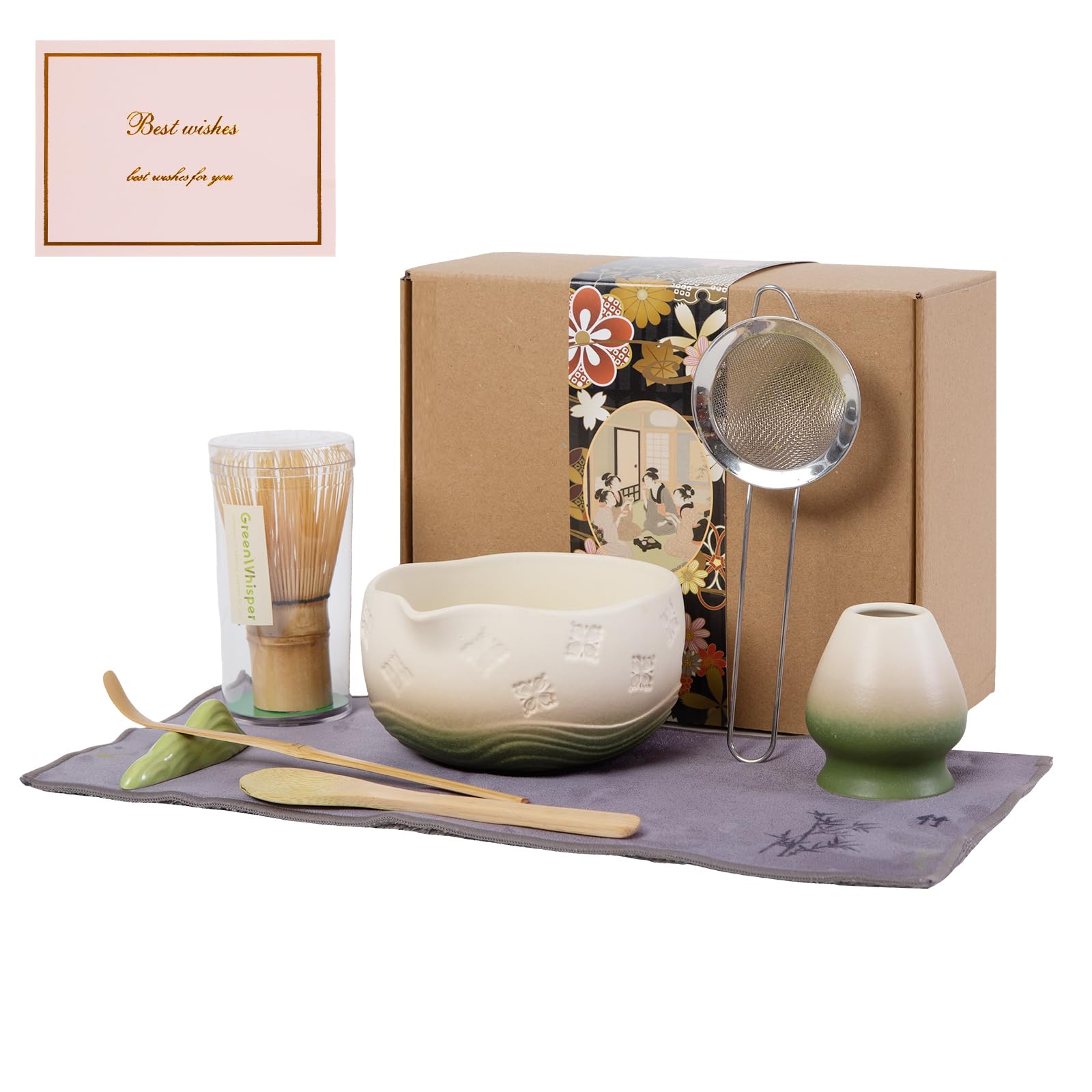 Matcha Whisk Set - Traditional Bamboo Chasen with Bowl, Complete Matcha Tea Making Kit & Starter Tools for Authentic Japanese Ceremony (Mottled Green02, 8pcs/set,Bowl entry-level Set)