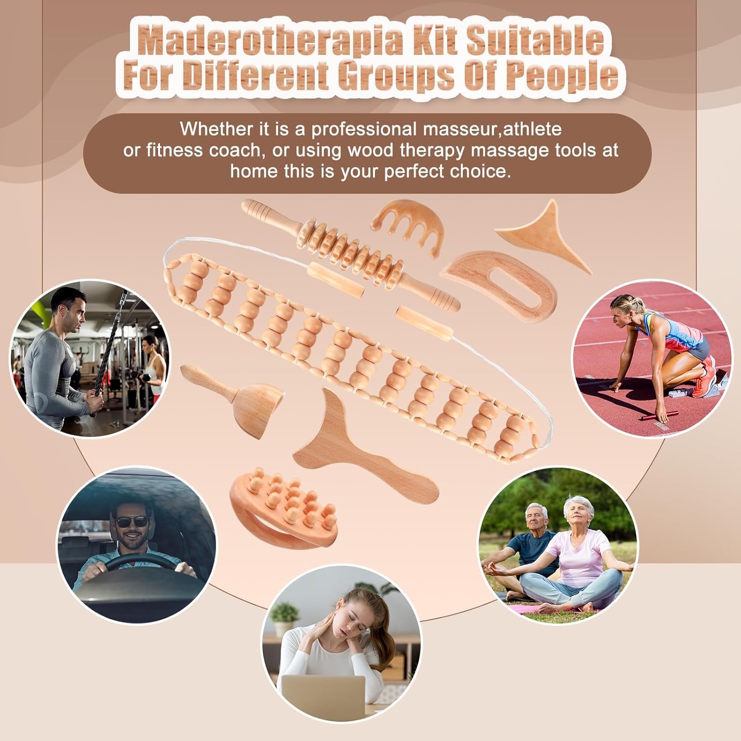 Ensemble d'outils de massage en bois 6 en 1 professionnel complet Maderoterapia Rouleau de massage Gua Sha Kit de massage fascia Rouleau Outils de sculpture du corps pour façonner le corps Soulagement
