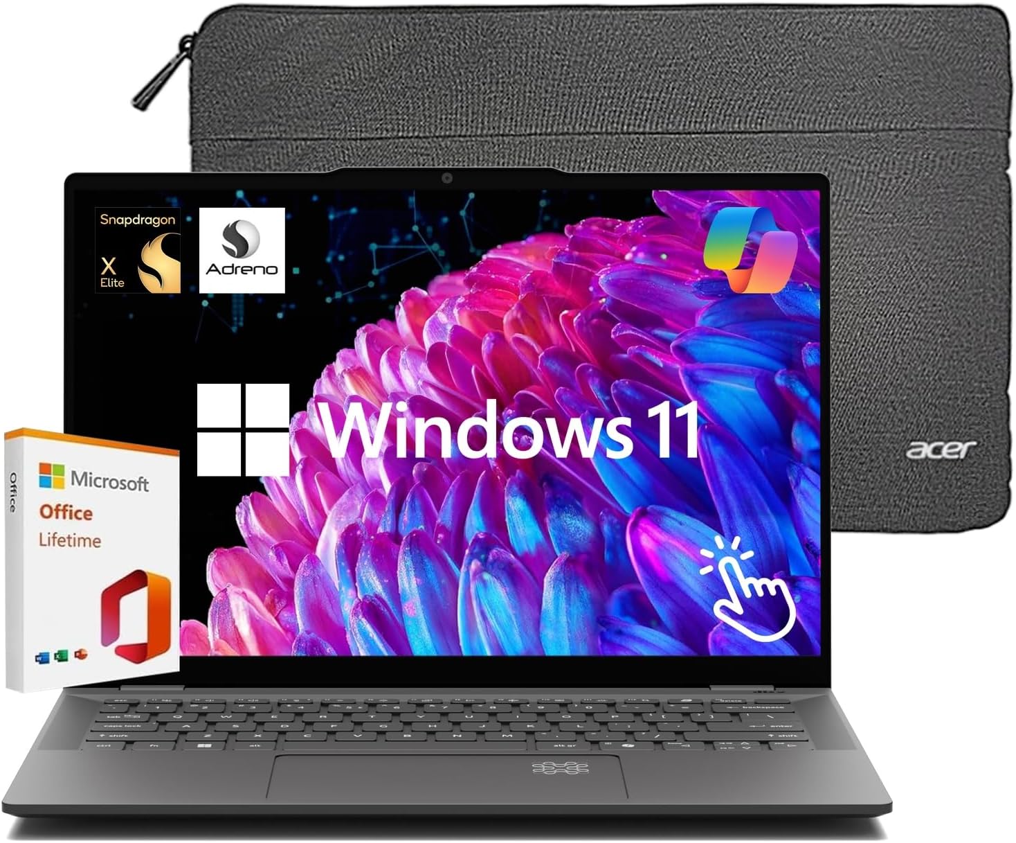acer Swift 14 Laptop, 14.5’’ 2560 x 1600 120Hz Touchscreen, 12-Core Snapdragon X Elite Processor, 16GB LPDDR5X 512GB SSD, 26 Hour Battery, WiFi 7, FP, Copilot AI, Windows 11 with Lifetime MS Office