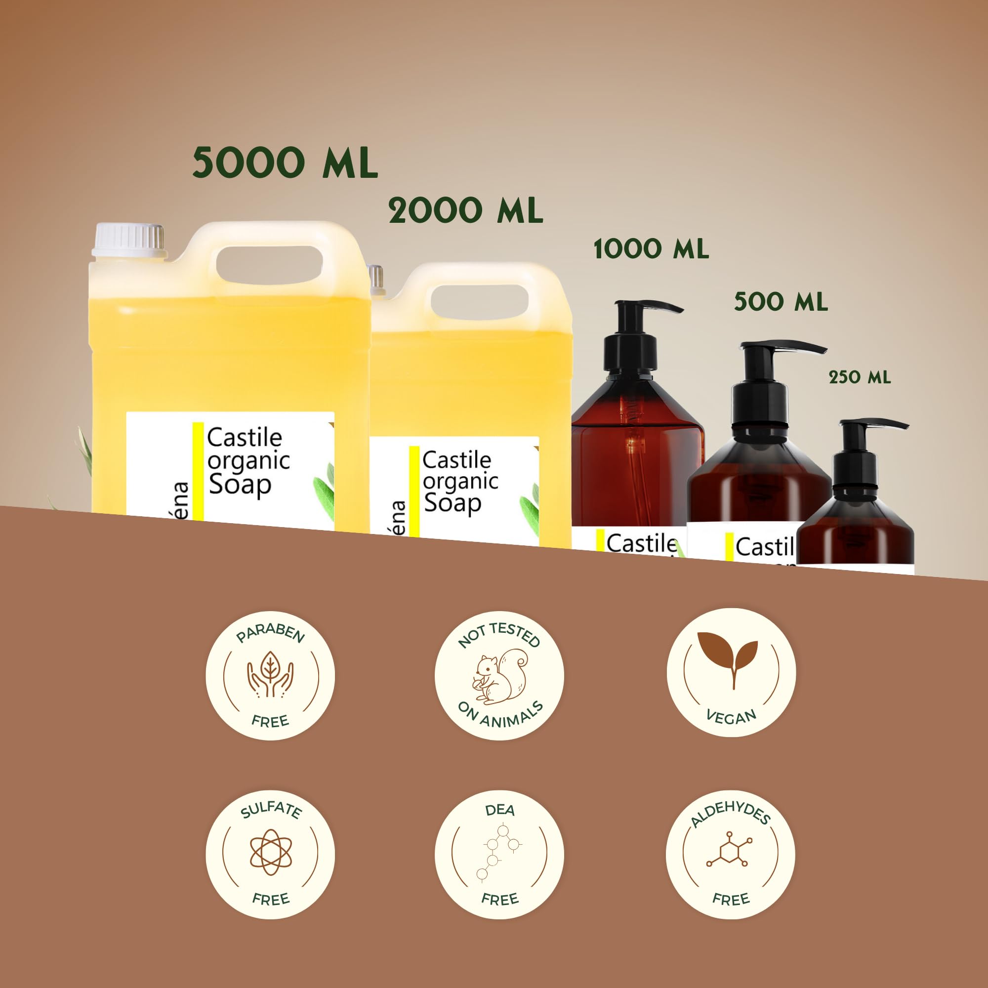 Autentico Sapone di Castiglia Biologico 100% Naturale e Vegan, Rimuove Punti Neri e Uso Multiplo, Adatto a Pelli Sensibili, Senza Parabeni e Siliconi, 5000 ml