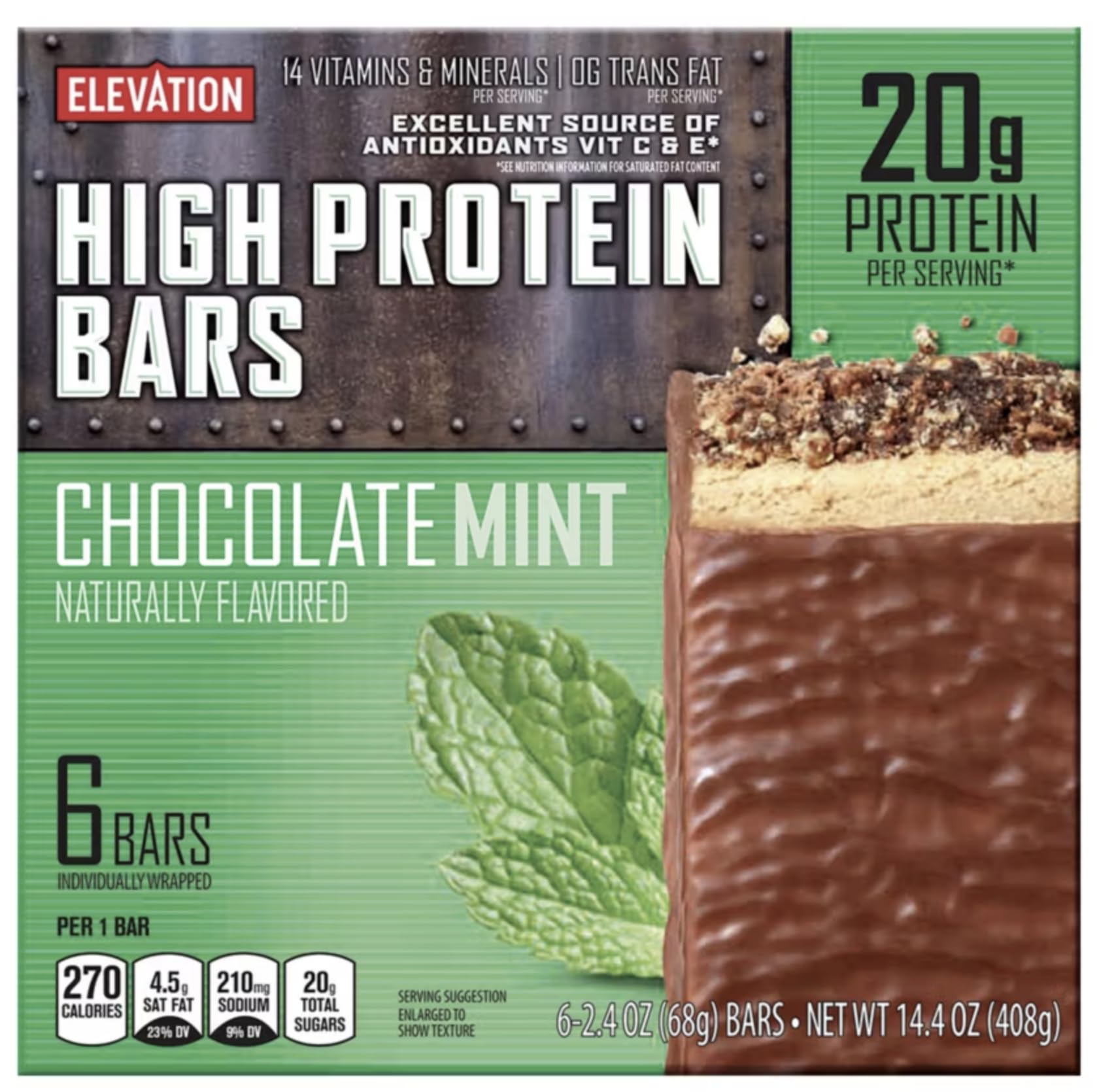 Elevation High Protein Bars – Chocolate Mint Flavor – 20g Protein Per Bar – 6 Count, 14.4 oz Total – Low Sugar, Post Workout Snack, Muscle Recovery,