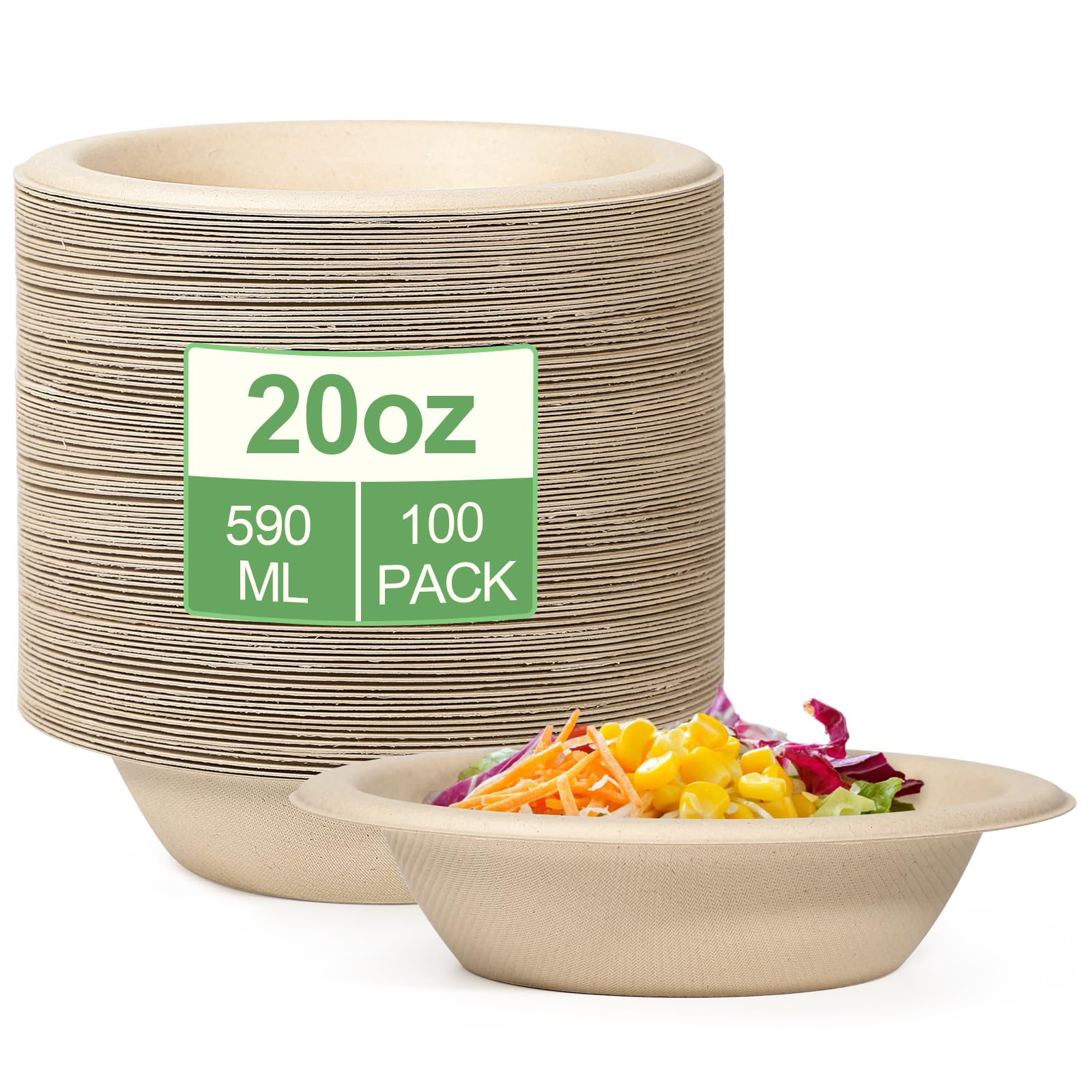 greensight 100 Pack Disposable Paper Bowls 20oz - Heavy Duty Sugarcane Strong Brown Bowls Biodegradable and Compostable Salad Bowl for hot Food Party Christmas